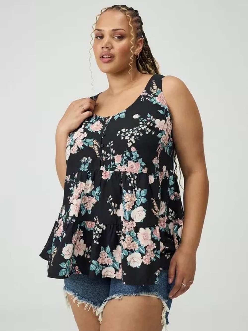 torrid Size 2 Black Floral Tiered Camisole with Pink & Teal Blooms